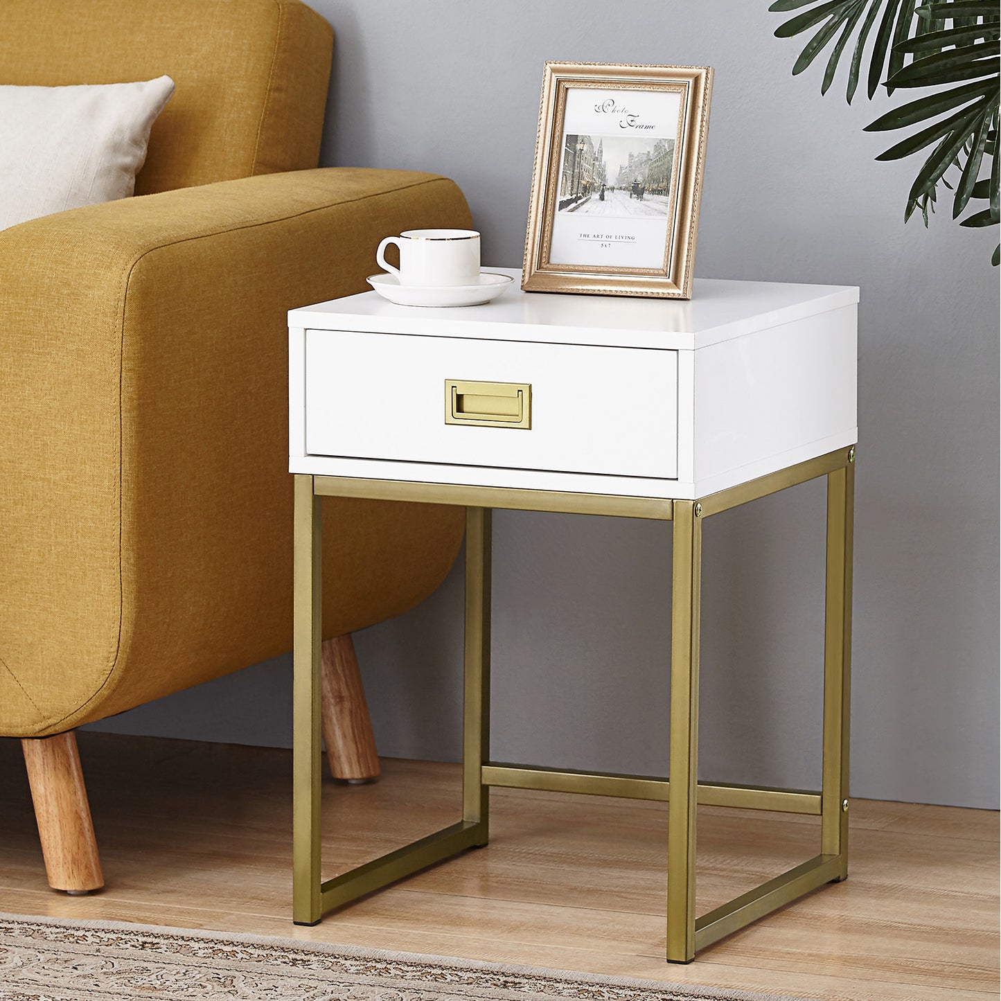 Sarantino Emilia Bedside Table Night Stand - White/Gold