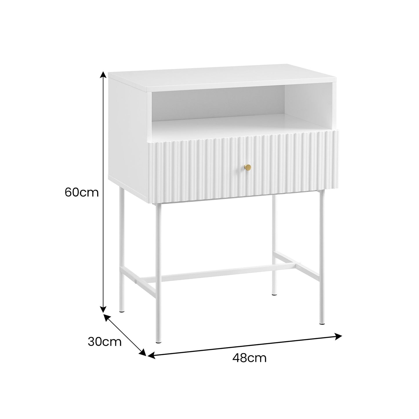 Sarantino Cecil Slender Fluted Bedside Table - White