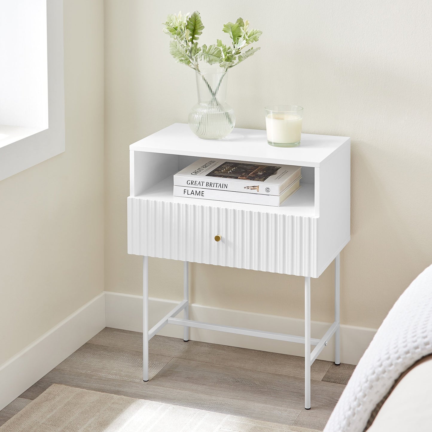 Sarantino Cecil Slender Fluted Bedside Table - White