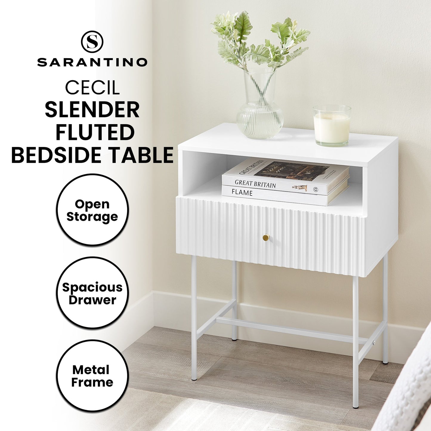 Sarantino Cecil Slender Fluted Bedside Table - White