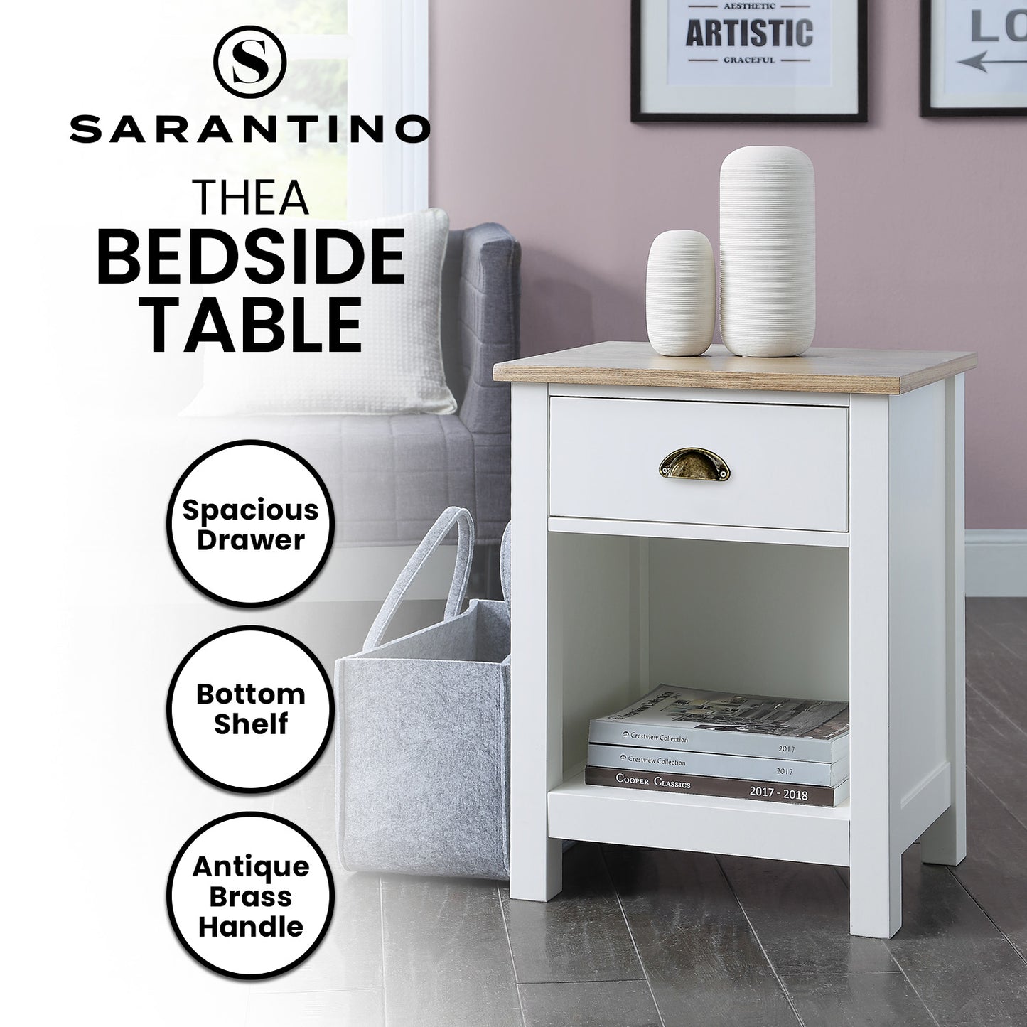 Sarantino Thea Bedside Table - White/Natural