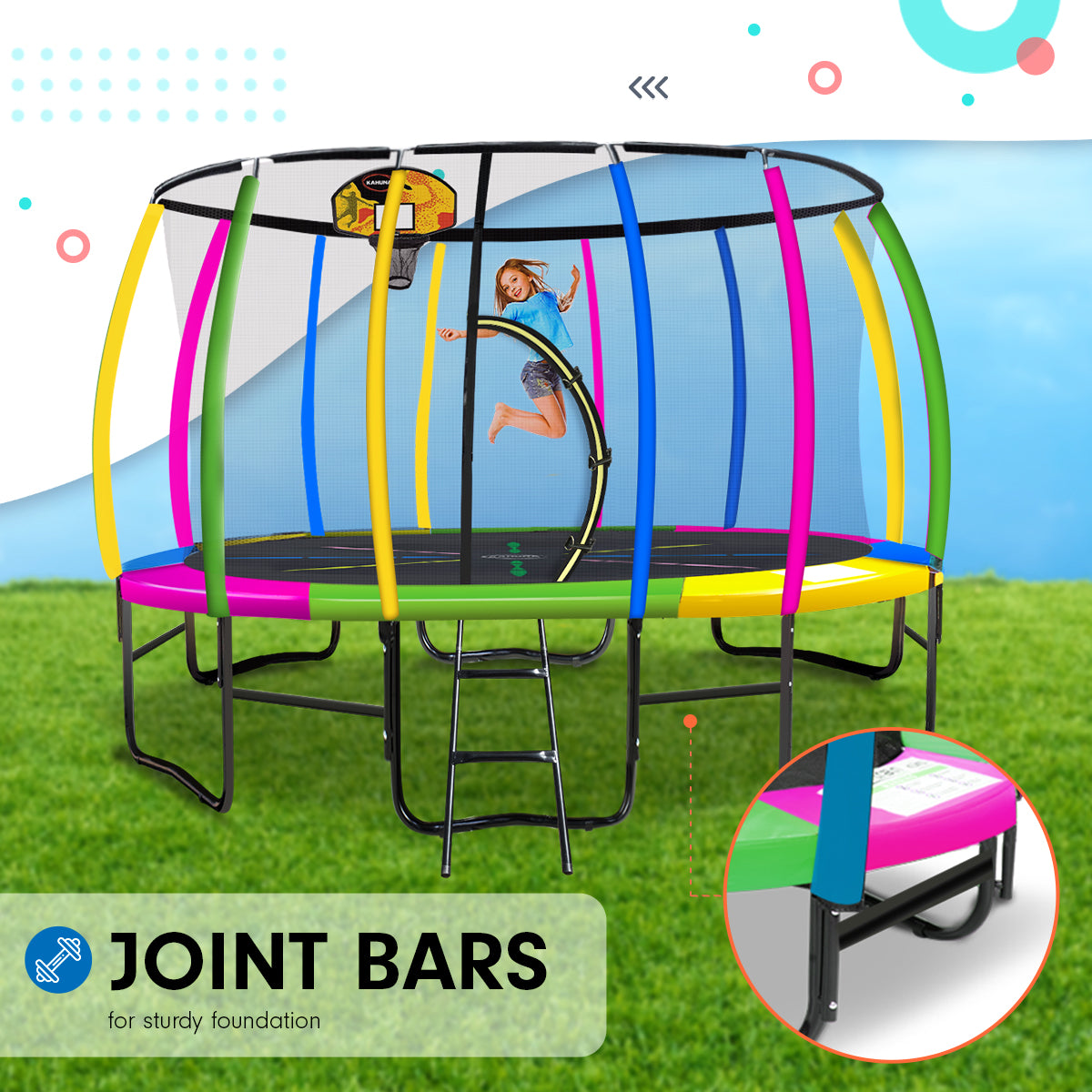 Kahuna Trampoline 14 ft with Basketball Set - Rainbow