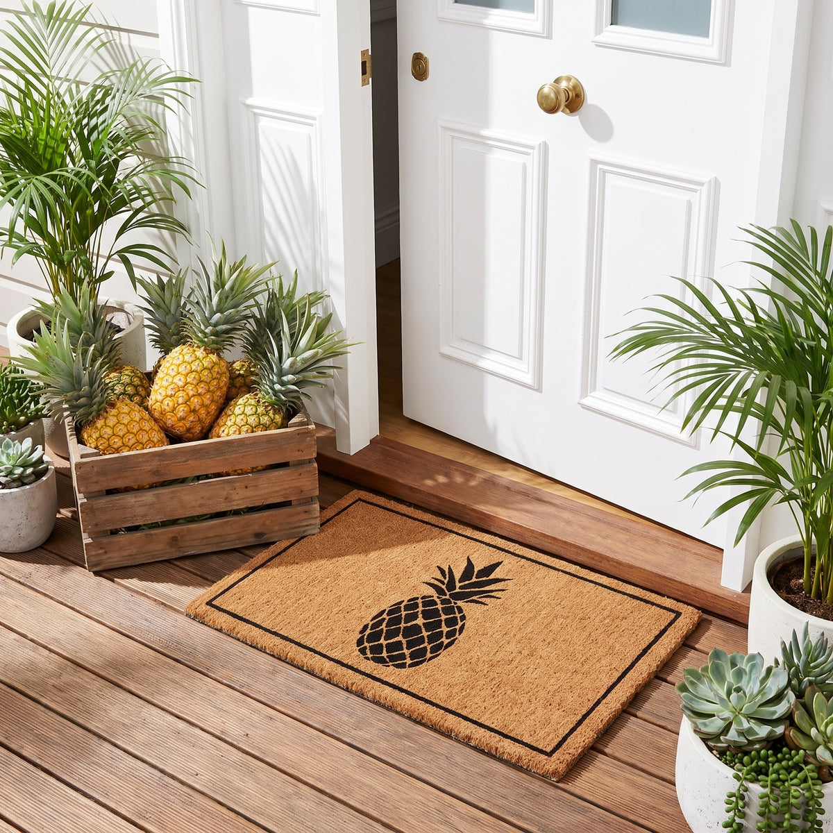 Natural Coir Door Mat 50 x 80 cm Black Pineapple Hand Woven Coconut Fibre Heavy Duty Front Entrance Welcome Doormat