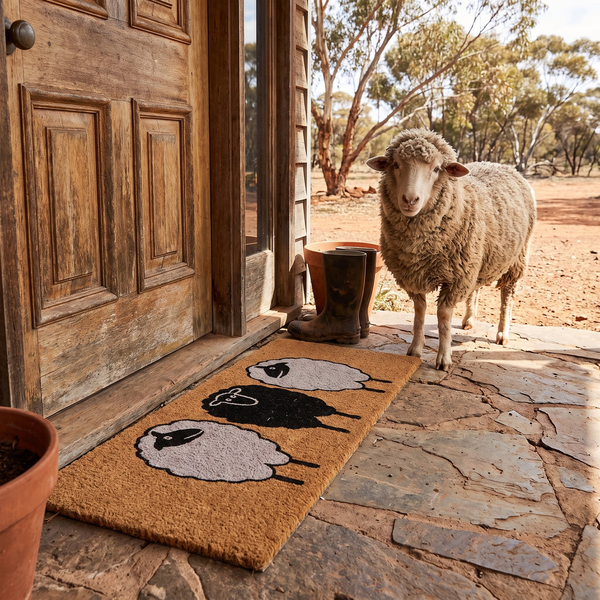Extra Wide Coir Doormat 3 Sheep 39 x 119 cm Natural Coconut Fibre Handwoven Front Door Outdoor Entrance Scraper Mat