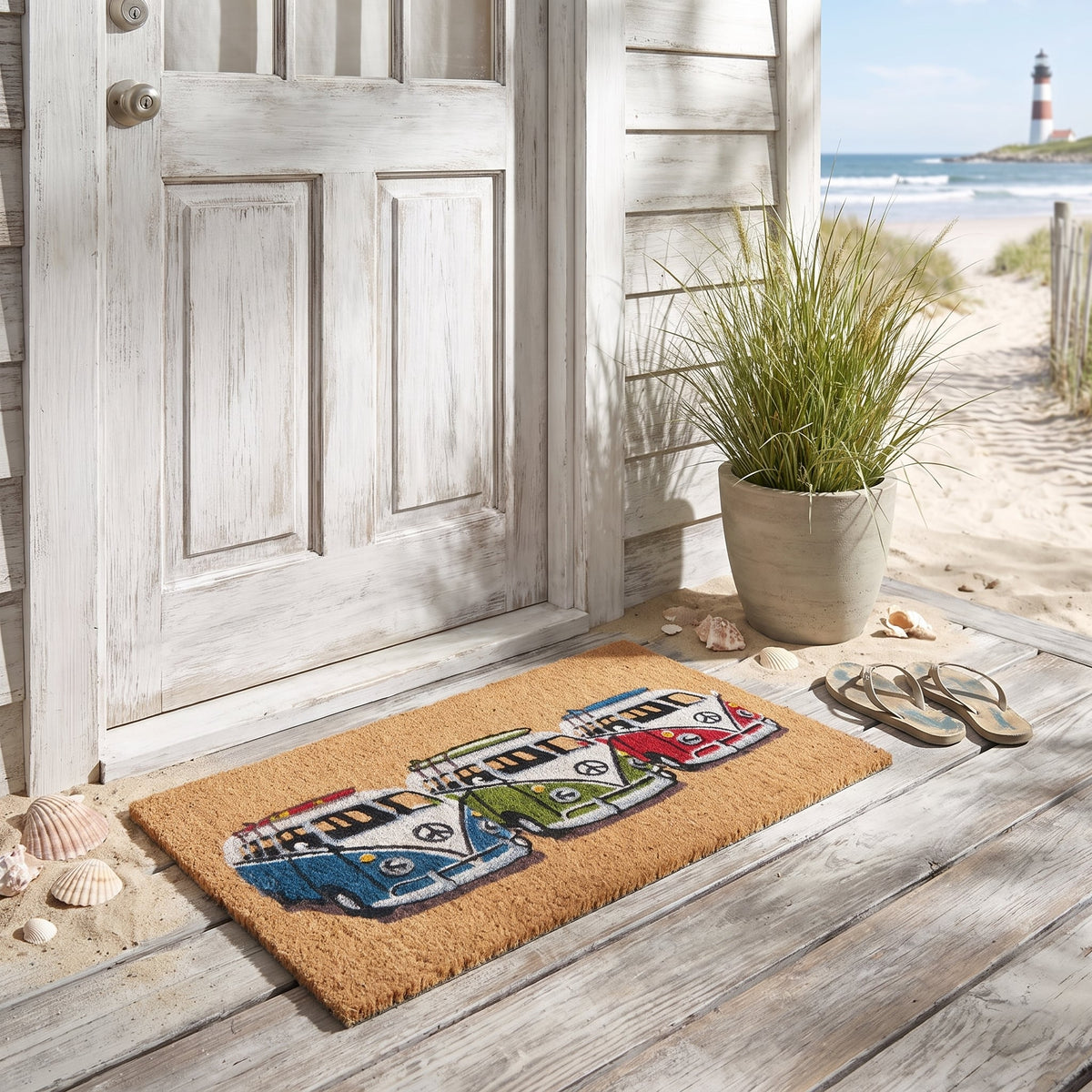 Handwoven Natural Coir Doormat 50x80cm Kombi Van Surf Coastal Front Door Mat Coconut Fibre Outdoor Entrance Rug