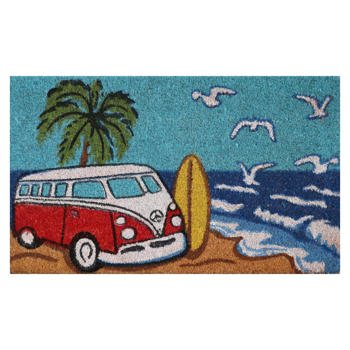 Red Kombi Van Coir Door Mat 45 x 75 cm Coastal Surf Beach Welcome Mat Non-Slip Low Profile Outdoor Entrance Doormat