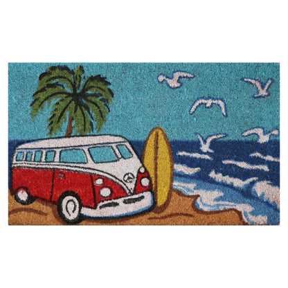 Red Kombi Van Coir Door Mat 45 x 75 cm Coastal Surf Beach Welcome Mat Non-Slip Low Profile Outdoor Entrance Doormat