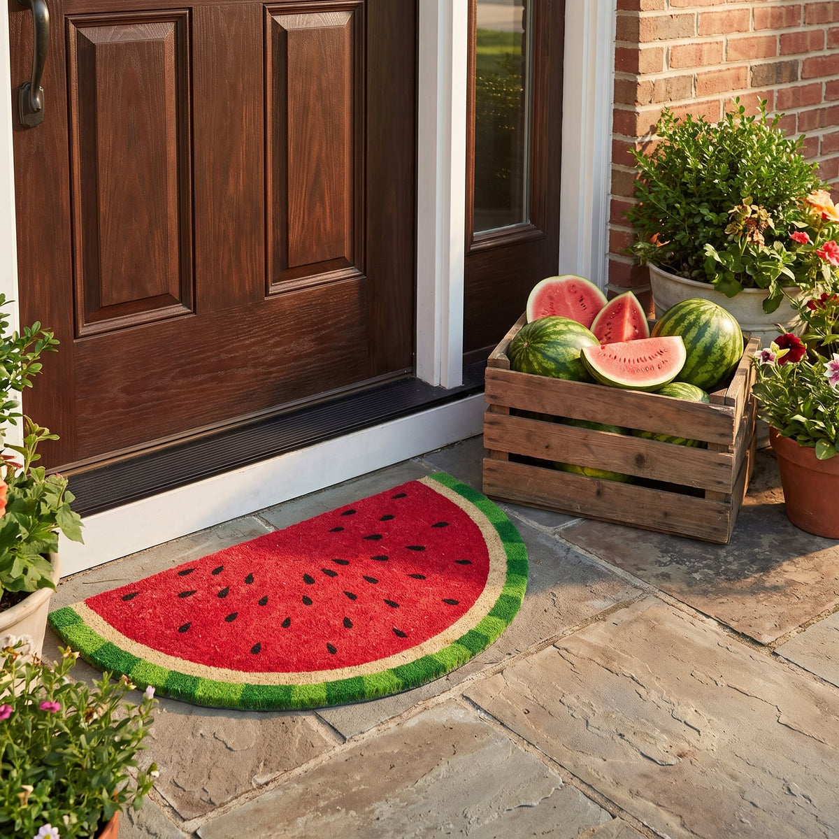 Watermelon Coir Front Door Mat 45 x 75 cm Non-Slip Latex Backed Low Profile Outdoor Entrance Doormat Dirt Scraper