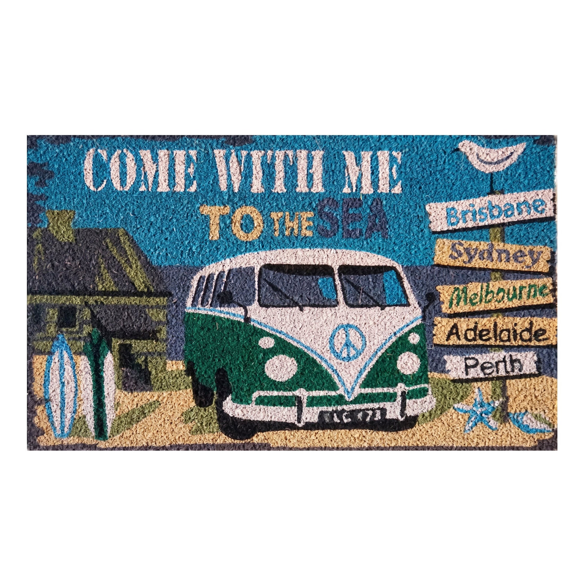 Kombi Van Coir Doormat 45 x 75 cm Beach Surf Non-Slip Latex Backed Low Profile Outdoor Entrance Front Door Mat