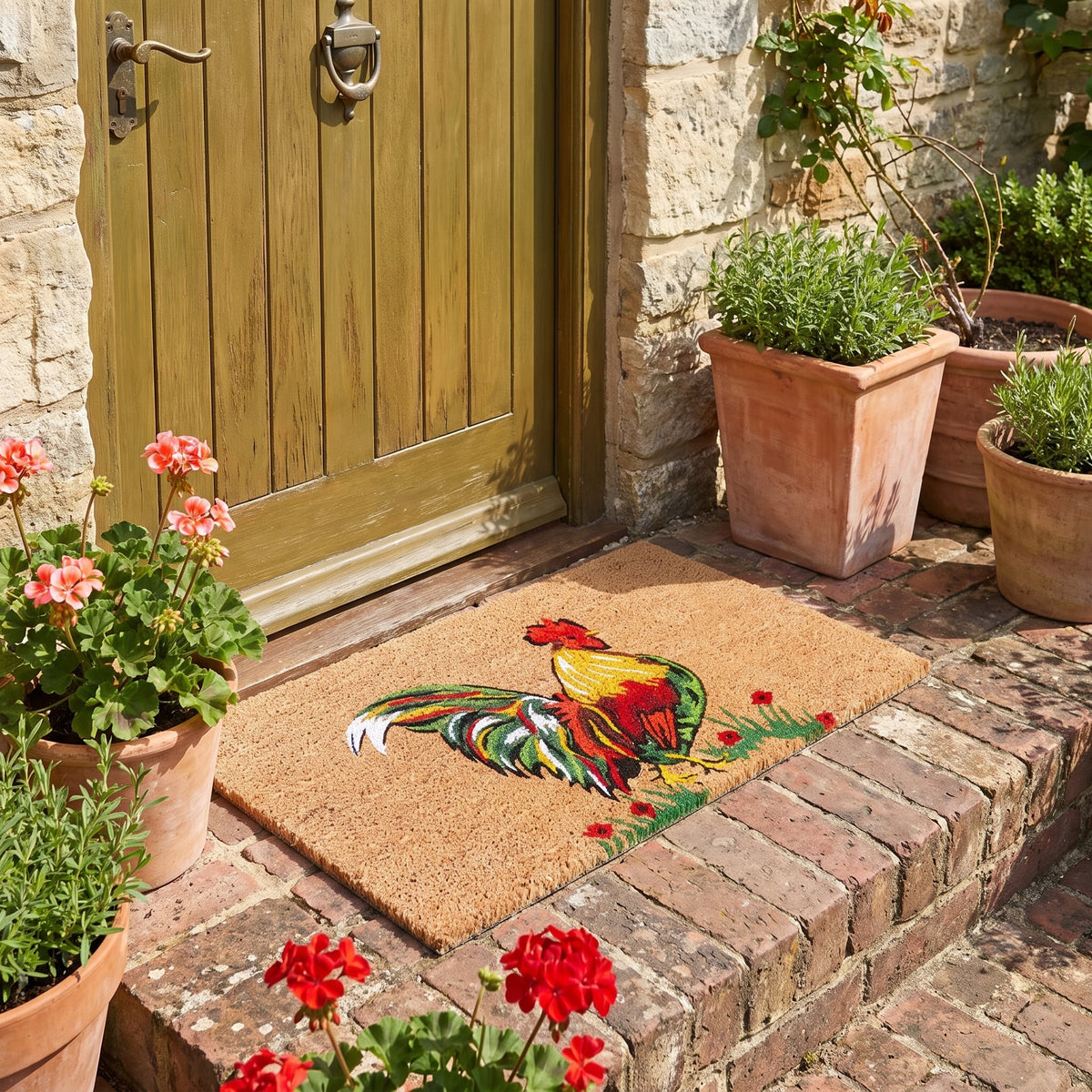 Rooster Chicken Farmhouse Coir Door Mat 45 x 75 cm Non-Slip Latex Back Low Profile Country Entrance Welcome Mat