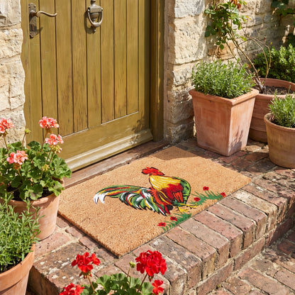 Rooster Chicken Farmhouse Coir Door Mat 45 x 75 cm Non-Slip Latex Back Low Profile Country Entrance Welcome Mat