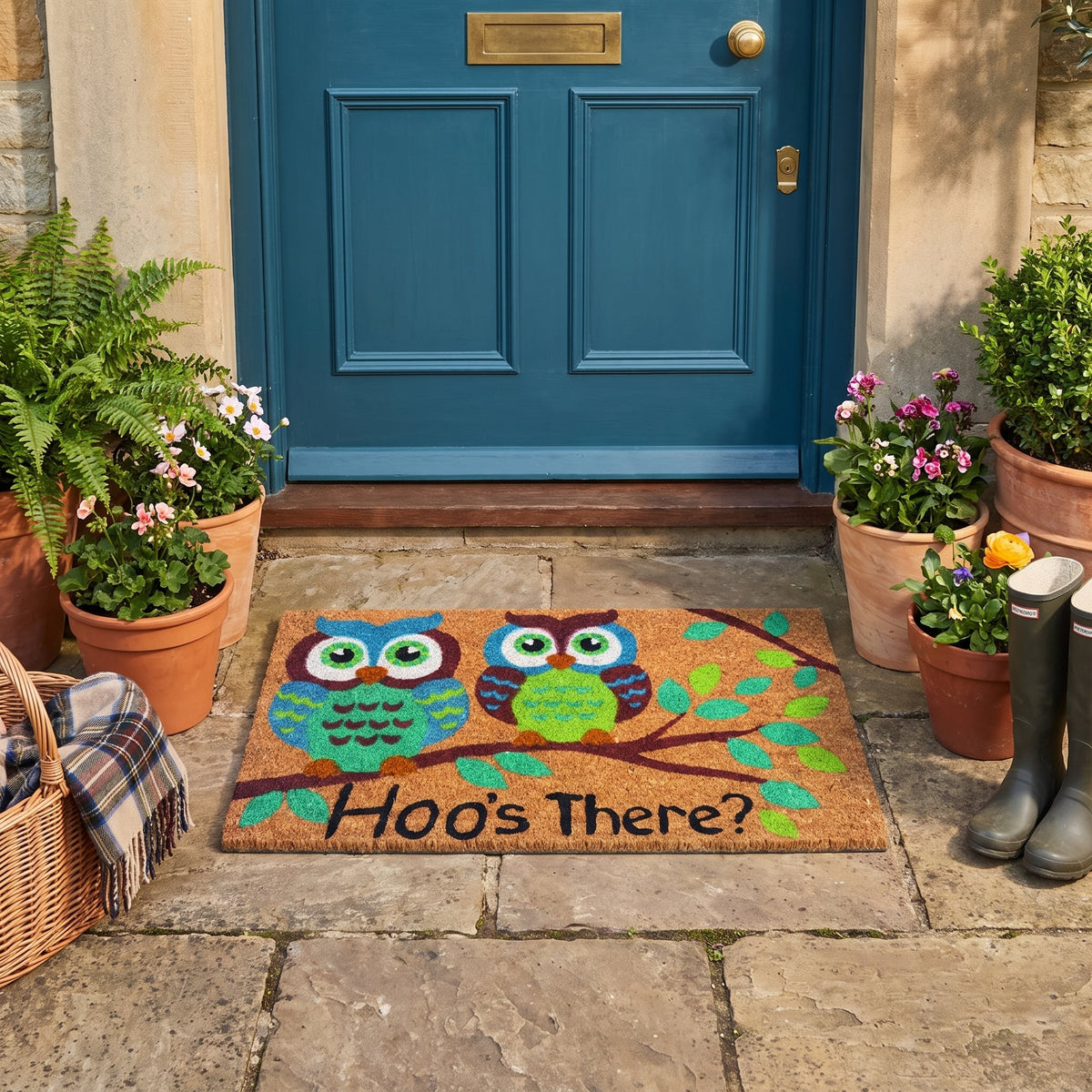 Owl Birds Coir Doormat 45 x 75cm Non-Slip Latex Backed Low Profile Front Door Entrance Welcome Dirt Scraper Mat