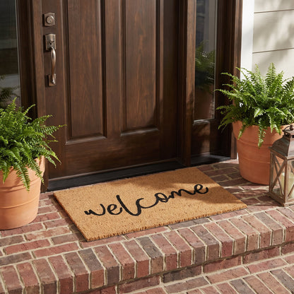 Natural Coir Welcome Door Mat 45 x 75 cm - Slim Low Clearance Front Door Entrance Mat with Non-Slip Latex Backing
