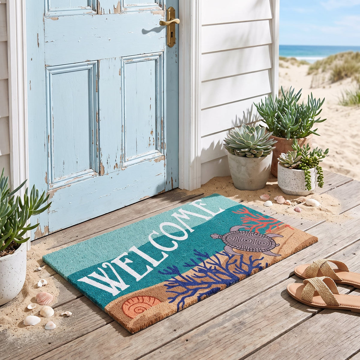 Coastal Sea Turtle Coir Door Mat 45 x 75 cm Slimline Non Slip Latex Backed Outdoor Beach Entrance Welcome Doormat