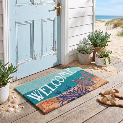 Coastal Sea Turtle Coir Door Mat 45 x 75 cm Slimline Non Slip Latex Backed Outdoor Beach Entrance Welcome Doormat