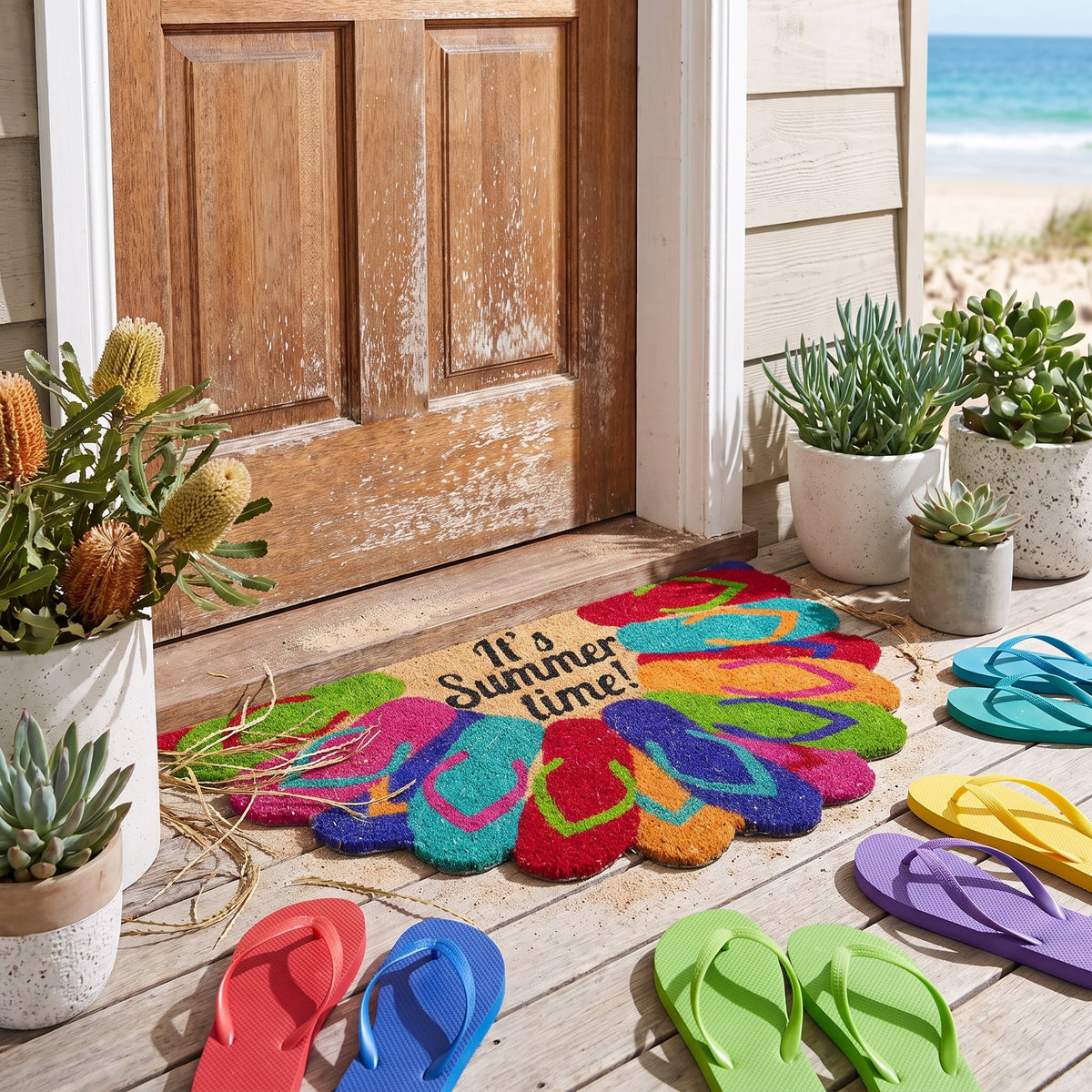 Coir Doormat 45 x 75 cm Beach Surf Coastal Thongs Print Low Profile Non-Slip Latex Backed Front Door Entrance Mat
