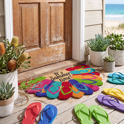 Coir Doormat 45 x 75 cm Beach Surf Coastal Thongs Print Low Profile Non-Slip Latex Backed Front Door Entrance Mat