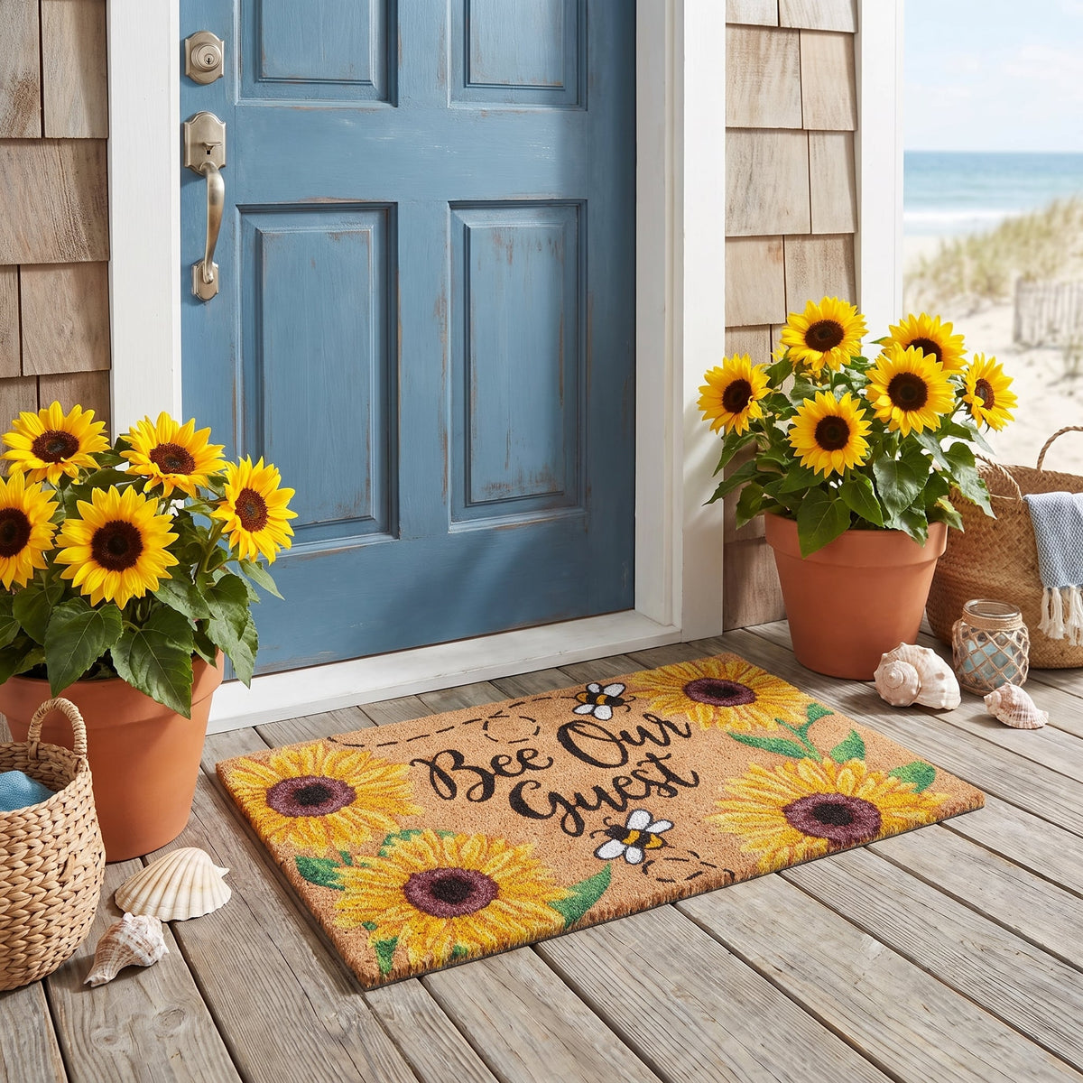 Bee Our Guest Natural Coconut Coir Doormat 45 x 75cm Sunflower Front Door Welcome Mat Outdoor Entrance Dirt Scraper