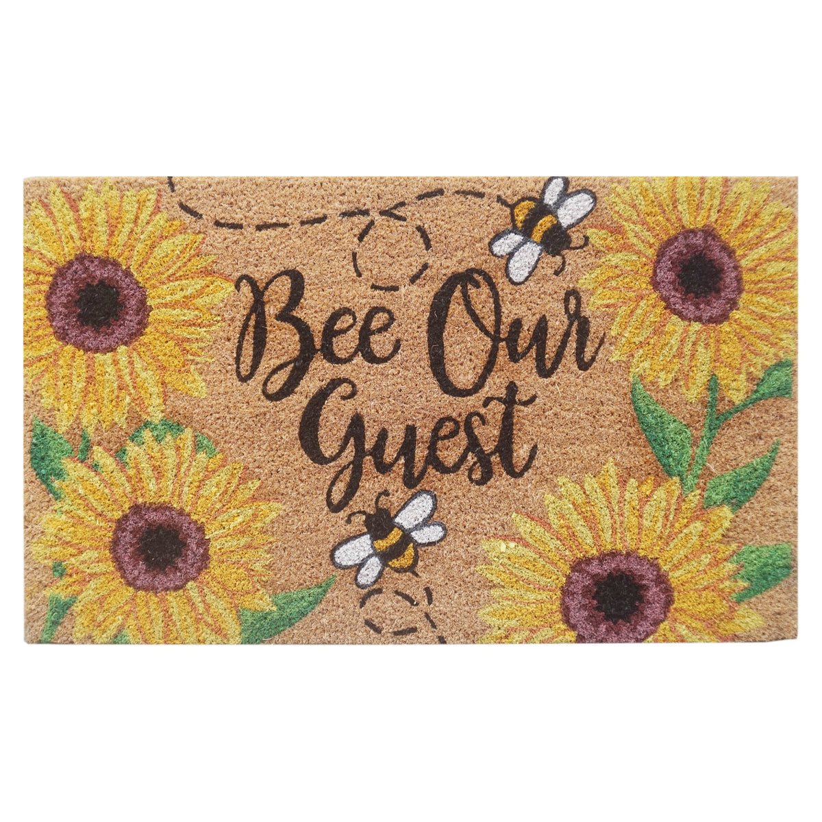 Bee Our Guest Natural Coconut Coir Doormat 45 x 75cm Sunflower Front Door Welcome Mat Outdoor Entrance Dirt Scraper