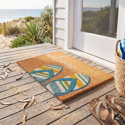 Coastal Beach Coir Door Mat 45 x 75 cm Aqua Thong Surf Welcome Mat Outdoor Front Door Entrance Scraper Doormat
