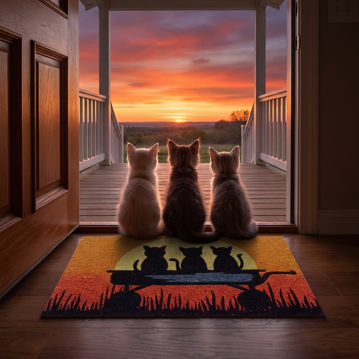 Natural Coir Door Mat 45 x 75 cm Kitten Cat Sunset Non-Slip Front Door Outdoor Entryway Dirt Scraper Doormat