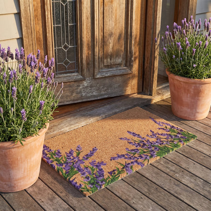 Lavender Floral Natural Coir Doormat 45 x 75cm Non-Slip Latex Backing Outdoor Front Door Entrance Mat Dirt Trapper