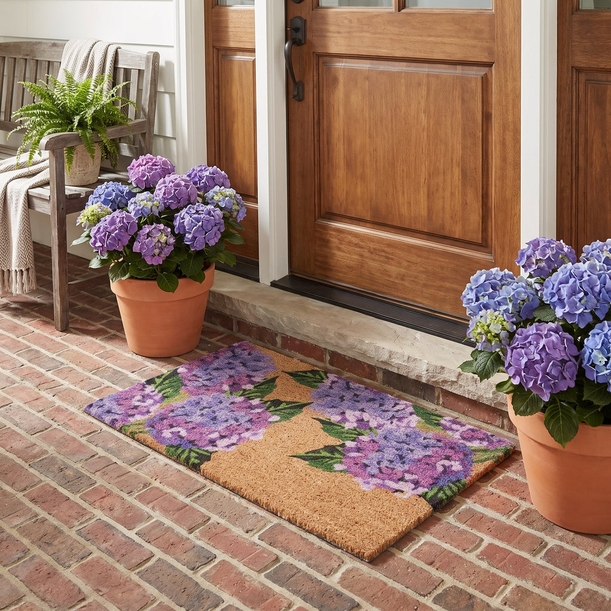 Hydrangea Floral Coir Door Mat 45 x 75 cm Vinyl Backed Natural Coconut Fibre Front Door Entrance Welcome Doormat