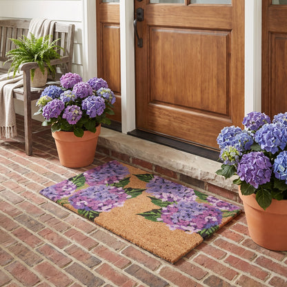 Hydrangea Floral Coir Door Mat 45 x 75 cm Vinyl Backed Natural Coconut Fibre Front Door Entrance Welcome Doormat