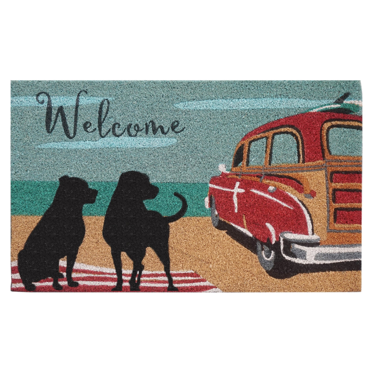 Coastal Beach Vintage Surf Car & Dog Coir Door Mat 45 x 75 cm Non-Slip Latex Backed Front Entrance Welcome Doormat