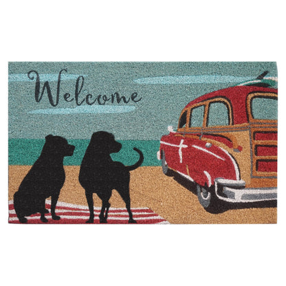 Coastal Beach Vintage Surf Car & Dog Coir Door Mat 45 x 75 cm Non-Slip Latex Backed Front Entrance Welcome Doormat
