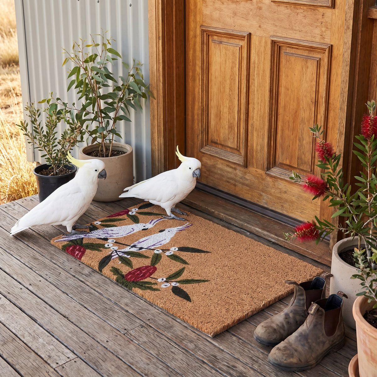 Australian Cockatoo Coir Doormat 45 x 75 cm Front Door Welcome Mat Outdoor Low Profile Entrance Shoe Scraper