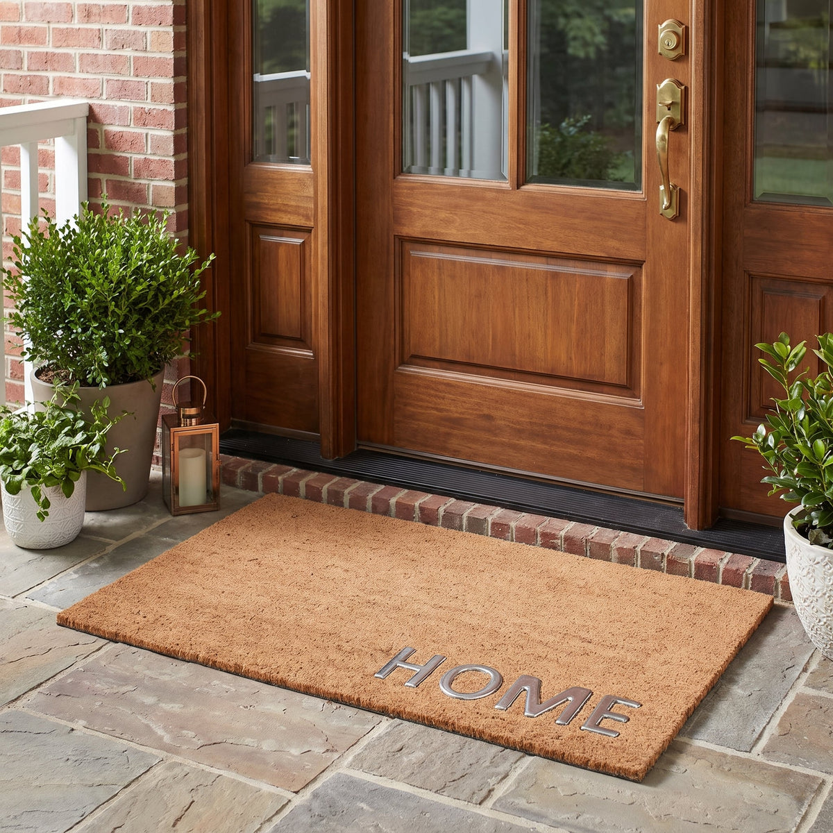 Natural Coir Door Mat 45 x 75 cm with Stainless Steel Home Accent Durable Front Entrance Welcome Mat Dirt Trapper