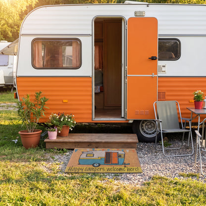 Happy Camper Coir Doormat 45 x 75cm Retro Caravan Welcome Mat Natural Coconut Fibre Low Profile Outdoor Entrance Rug