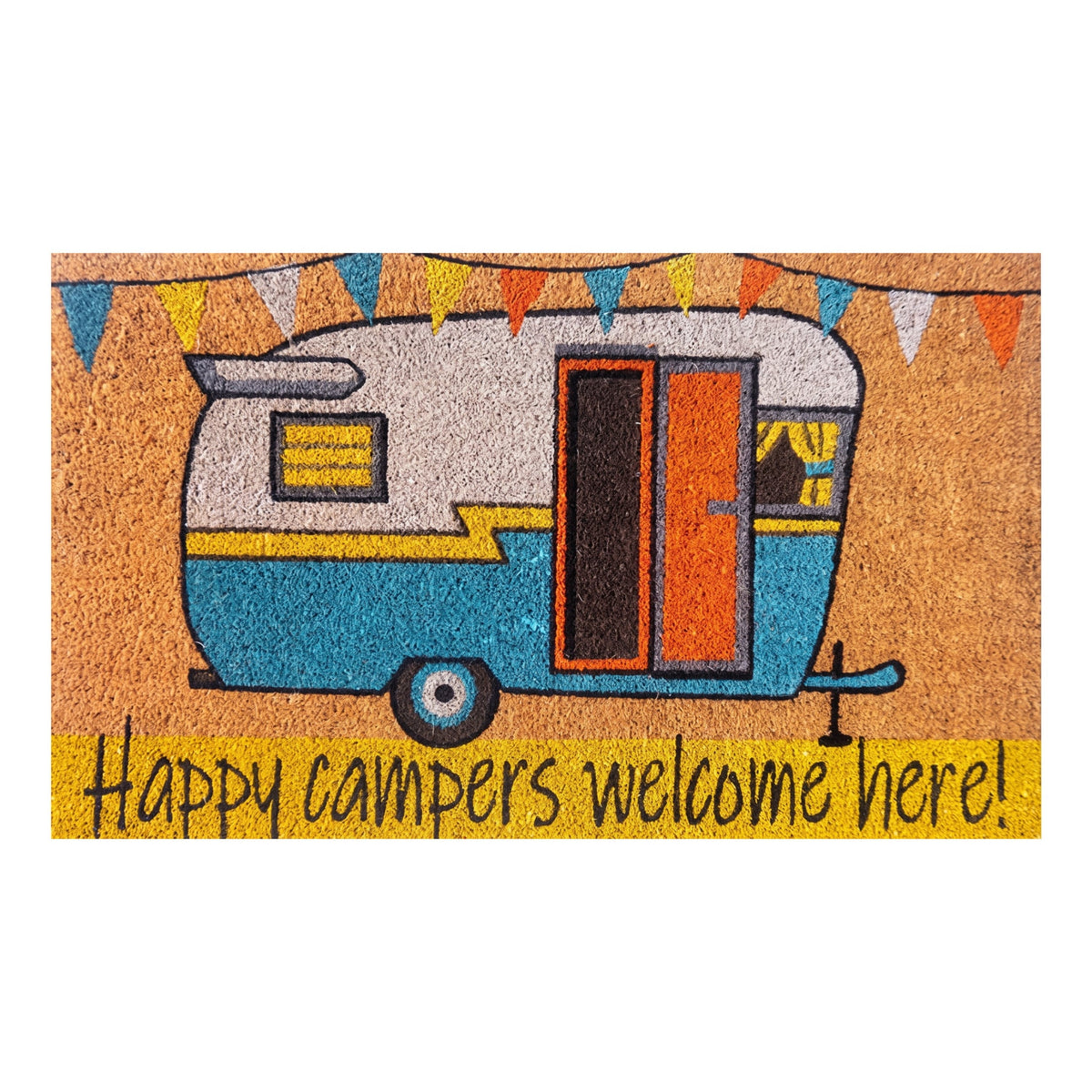 Happy Camper Coir Doormat 45 x 75cm Retro Caravan Welcome Mat Natural Coconut Fibre Low Profile Outdoor Entrance Rug