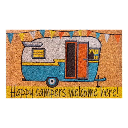 Happy Camper Coir Doormat 45 x 75cm Retro Caravan Welcome Mat Natural Coconut Fibre Low Profile Outdoor Entrance Rug