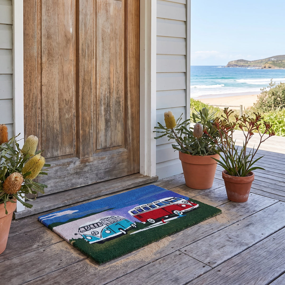 Retro Kombi Van Coir Door Mat 45 x 75 cm Non Slip Natural Coconut Fibre Front Entrance Welcome Mat Coastal Surf