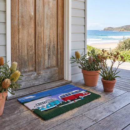 Retro Kombi Van Coir Door Mat 45 x 75 cm Non Slip Natural Coconut Fibre Front Entrance Welcome Mat Coastal Surf