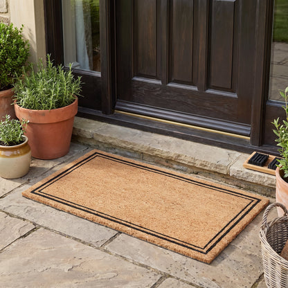 Natural Coir Door Mat 45 x 75 cm Thin Double Border Entrance Doormat Non-Slip PVC Backing Low Clearance Dirt Trapper