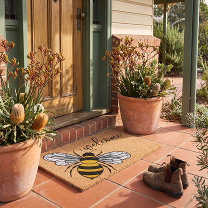 Welcome Bumble Bee Natural Coir Door Mat 45 x 75 cm Front Door Entrance Doormat Non-Slip PVC Backing