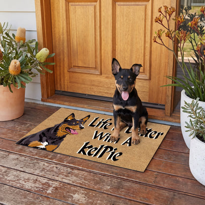 Kelpie Dog Coir Door Mat 45x75cm Life Is Better Front Entrance Welcome Doormat Non-Slip PVC Backing Outdoor Mat