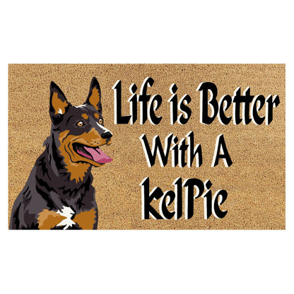 Kelpie Dog Coir Door Mat 45x75cm Life Is Better Front Entrance Welcome Doormat Non-Slip PVC Backing Outdoor Mat