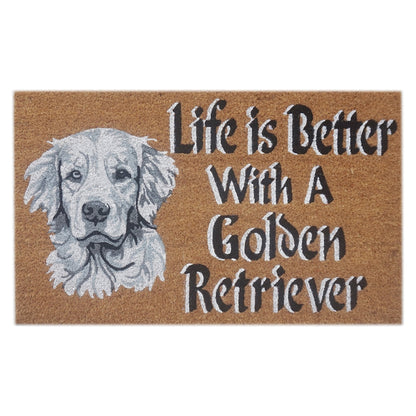 Golden Retriever Dog Coir Doormat 45 x 75 cm Non-Slip PVC Welcome Entrance Mat Life Is Better Puppy Dirt Trapper