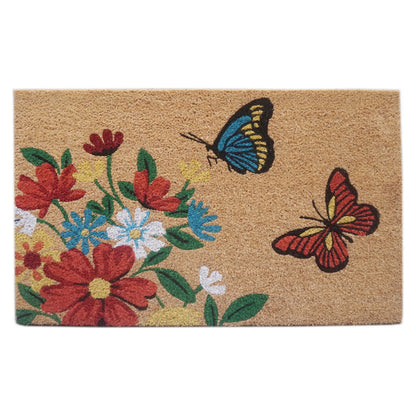 Butterfly & Floral Natural Coir Door Mat 45 x 75 cm Non-Slip Front Entrance Welcome Doormat Outdoor Dirt Scraper