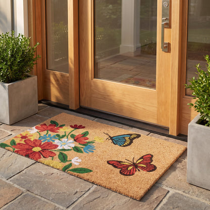 Butterfly & Floral Natural Coir Door Mat 45 x 75 cm Non-Slip Front Entrance Welcome Doormat Outdoor Dirt Scraper