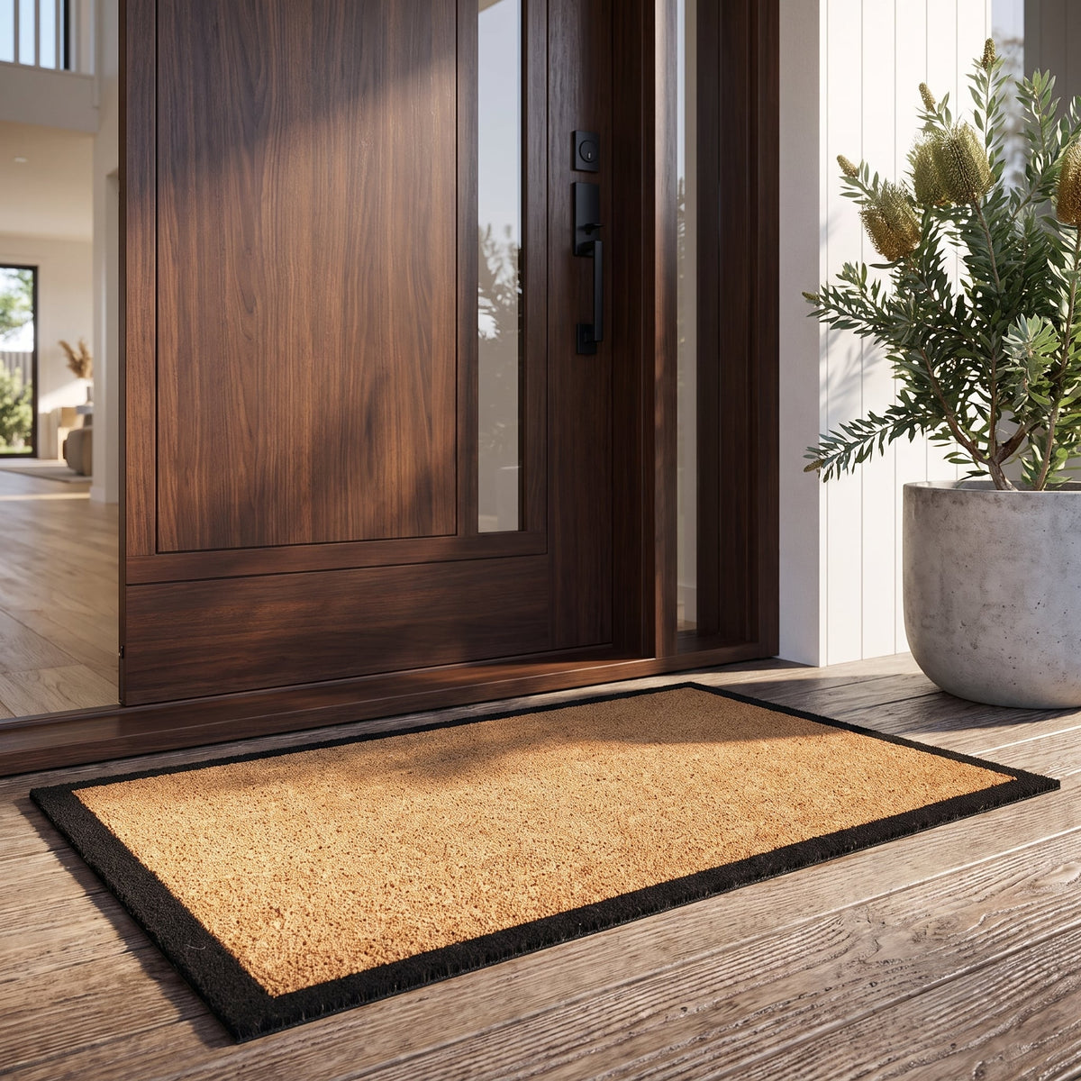 Natural Coir Door Mat with Black Border 58 x 89 cm, Non-Slip PVC Backed Heavy Duty Front Entrance Scraper Doormat