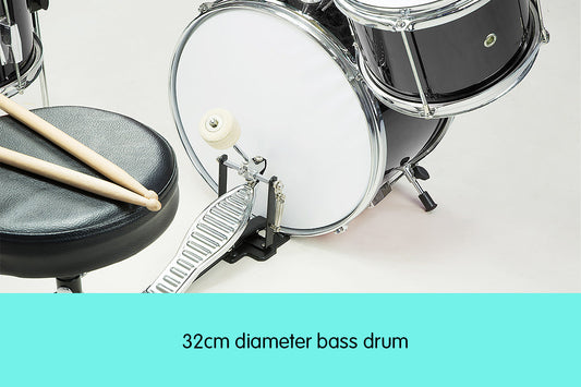 Karrera Mini 4-Piece Children Drum Kit Set Wooden with 2 Toms Bass Pedal Snare Stool Metallic Black
