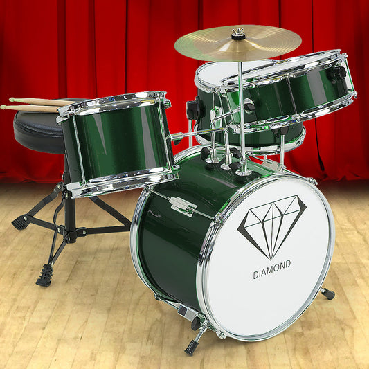 Karrera Mini 4-Piece Children Drum Kit Set Wooden with 2 Toms Bass Pedal Snare Stool Metallic Green