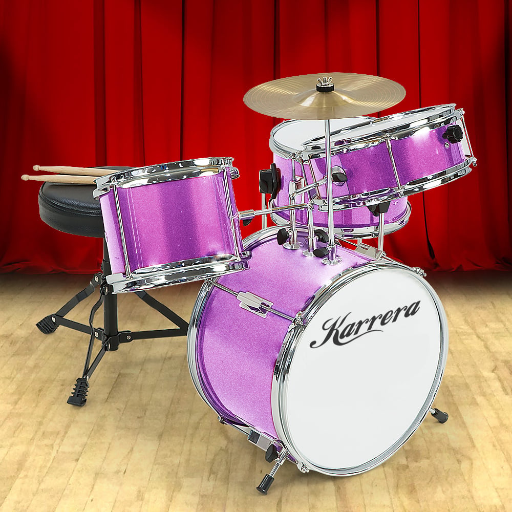 Karrera Mini 4-Piece Children Drum Kit Set Wooden with 2 Toms Bass Pedal Snare Stool Metallic Purple