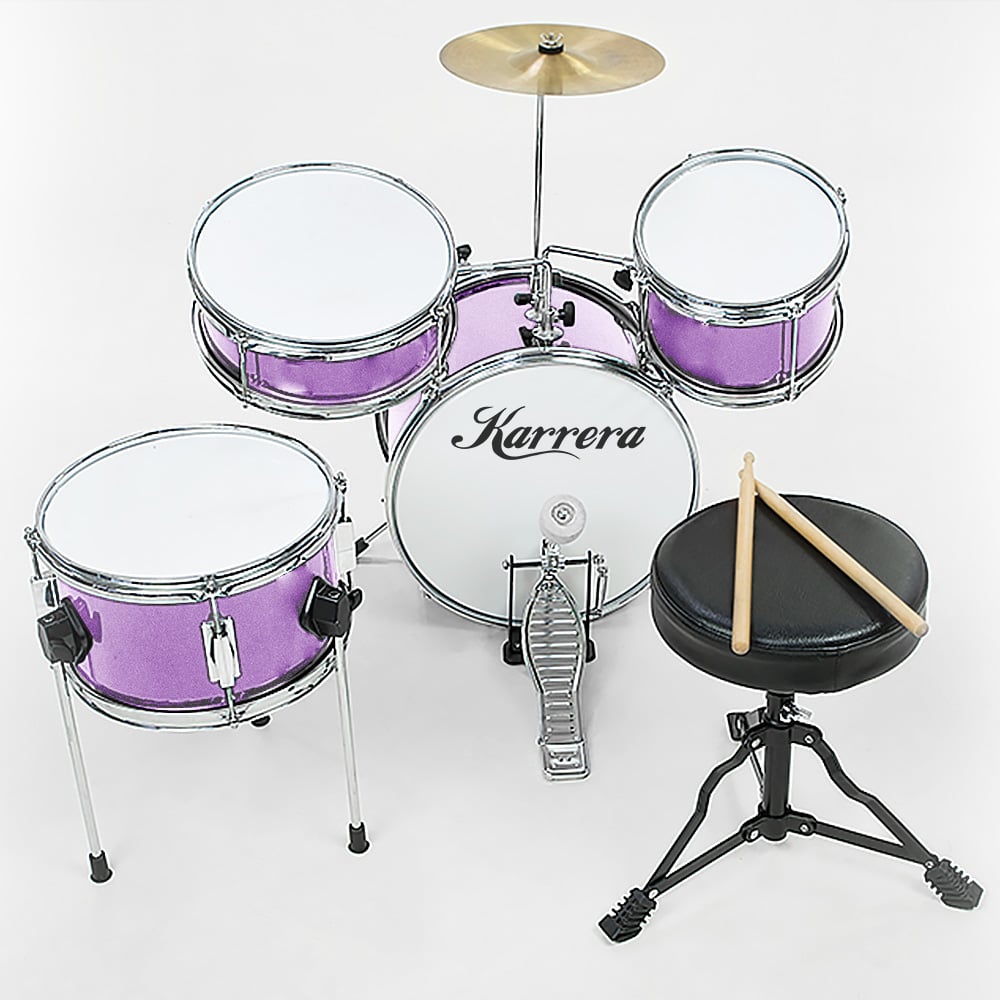 Karrera Mini 4-Piece Children Drum Kit Set Wooden with 2 Toms Bass Pedal Snare Stool Metallic Purple