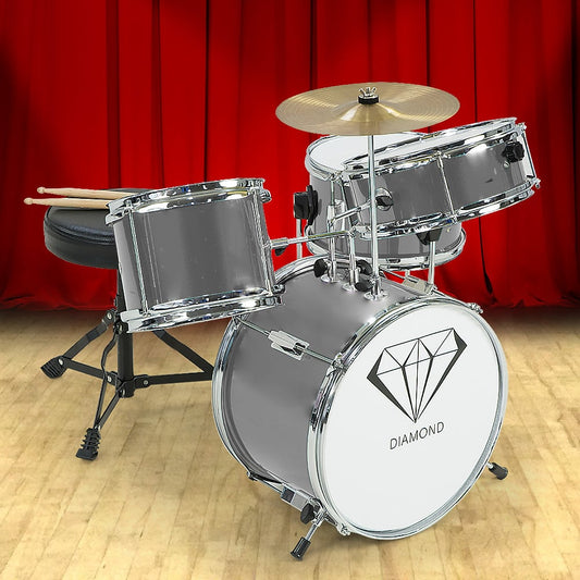 Karrera Mini 4-Piece Children Drum Kit Set Wooden with 2 Toms Bass Pedal Snare Stool Metallic Silver